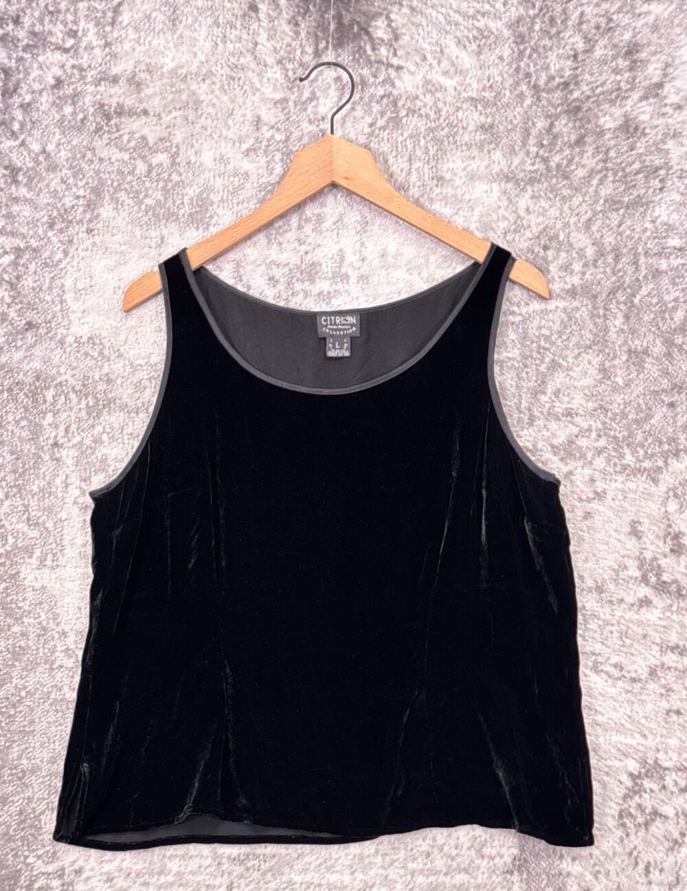 Citron Top Large Womens Black Velour Silk Blend Sleeveless Blouse
